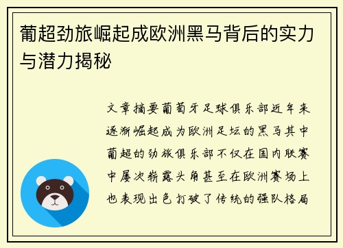葡超劲旅崛起成欧洲黑马背后的实力与潜力揭秘