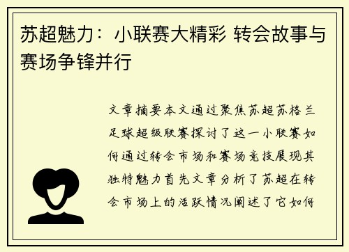 苏超魅力:小联赛大精彩 转会故事与赛场争锋并行